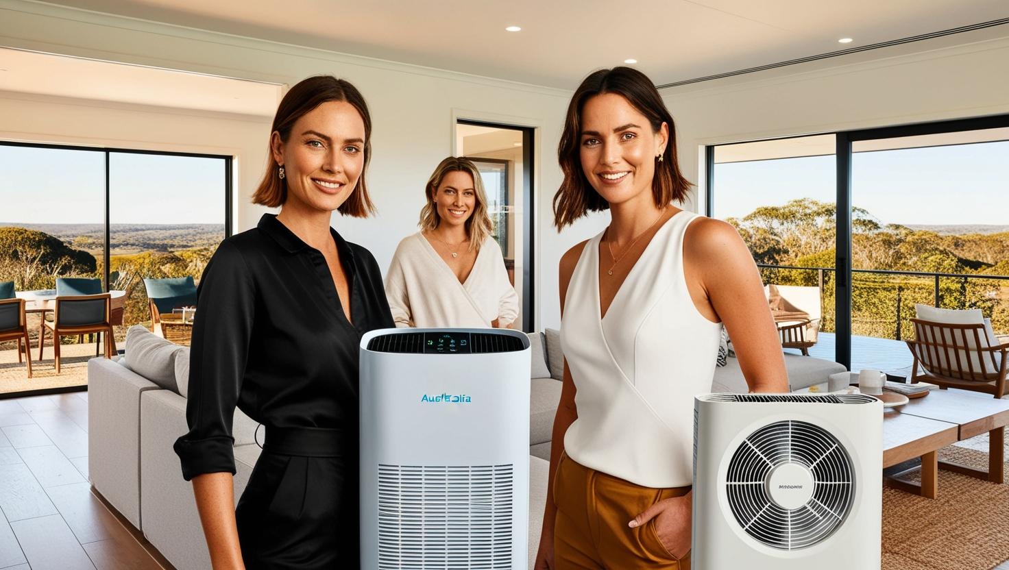 Three women standing in a modern living room with a white air purifier and air conditioning unit Three women standing in a modern living room with a white air purifier and air conditioning unit